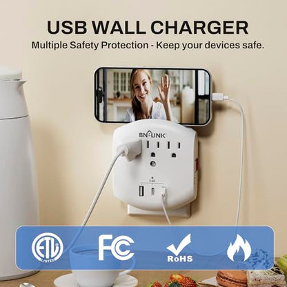 BN-LINK 3-Outlet Extender, Multi Plug Outlets with 3 USB Ports (3.4A Total), Dusk-to-Dawn Sensor Night Light, Surge Protector with Top Phone Holder, for Traveling, Home, School, Office - size: 3 Outlets - Night Light (USB)