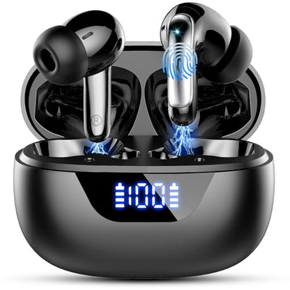 Wireless Earbuds, Bluetooth 5.3 Headphones Bass Stereo, 48Hours Playtime, 4 ENC Mic Clear Calls, Noise Cancelling Ear Buds with LED Display Charging Case,IPX7 Waterproof Earphone for Android iOS Black - color: Black