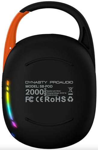 DYNASTY PROAUDIO SB-POD Ultra-Portable Bluetooth Speaker with LED Ambient Lights, IP67 Waterproof & Dustproof, Blueotooth 5.3, HD Sound, Punch Bass, Integrated Carabiner, Stereo Pairing (Black) - color: Black