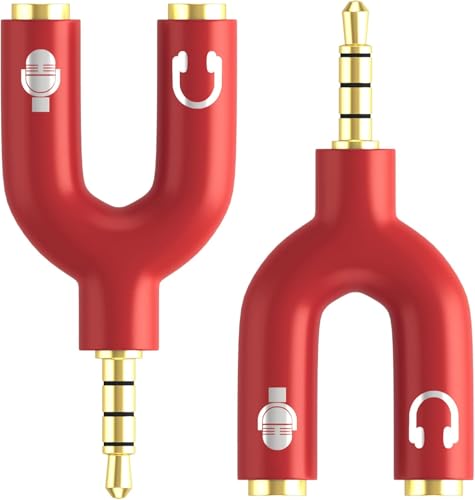 3.5mm Headphone Splitter Adapter, 2 Pack TRRS Male to Dual Female Y Splitter for Audio & Microphone – Headset to PC Mic Adapter – Compatible with Laptops, Tablets, Phones, PS4/PS5 Controllers, Red - color: Red