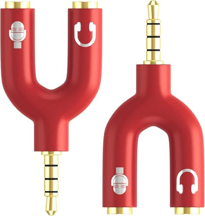 3.5mm Headphone Splitter Adapter, 2 Pack TRRS Male to Dual Female Y Splitter for Audio & Microphone – Headset to PC Mic Adapter – Compatible with Laptops, Tablets, Phones, PS4/PS5 Controllers, Red - color: Red