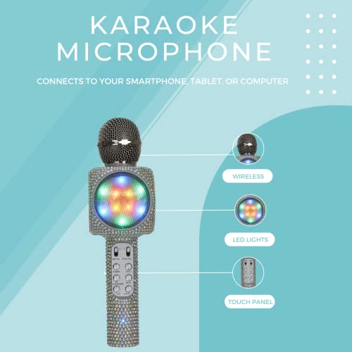 Sing-Along Bling Bluetooth Karaoke Microphone with LED for Karaoke Speaker | Rechargeable Bedazzled Microphone, Wireless Karaoke Microphone with LED Lights, SD Card Slot, Skip Tracks - Confetti Bling - color: Silver Bling