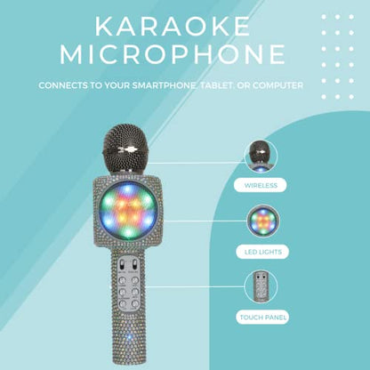 Sing-Along Bling Bluetooth Karaoke Microphone with LED for Karaoke Speaker | Rechargeable Bedazzled Microphone, Wireless Karaoke Microphone with LED Lights, SD Card Slot, Skip Tracks - Confetti Bling - color: Silver Bling