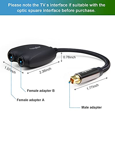 Optical Audio Cable Splitter, Fiber Optic Audio Cable 1 in 2 Out Digital Toshlink Optical Audio Splitter Adapter Fiber Converter with 24K Gold Plated Connectors (Black)
