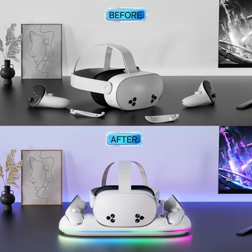 Saqico Charging Dock for Meta Quest 3S/3/2, 22W Fast VR Charging Station with 30W Adapter & Extra USB Port, Magnetic Stand with 2 Rechargeable Batteries & RGB Light, Neat and Orderly Storage - size: Charging Dock for Quest 2/3/3S
