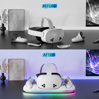 Saqico Charging Dock for Meta Quest 3S/3/2, 22W Fast VR Charging Station with 30W Adapter & Extra USB Port, Magnetic Stand with 2 Rechargeable Batteries & RGB Light, Neat and Orderly Storage - size: Charging Dock for Quest 2/3/3S