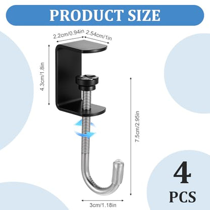 cobee Clamp-On Under Desk Hooks, Desk Mount Hanging Bag Holder Metal Hook | Adjustable Headphones Clamp Organizer Portable Purse Hanger Clip Reduce Clutter Table Desk Under Counter (4 Pcs, Black) - color: 4 Pcs, Black