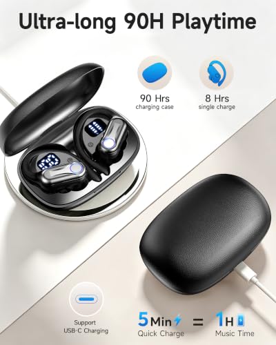 Wireless Earbuds, Bluetooth Headphones 6.1, 90H Playtime Ear Buds with Hooks for Sports, Dual LED Display Earphones IPX7 Waterproof for Gym/Runing/Workout