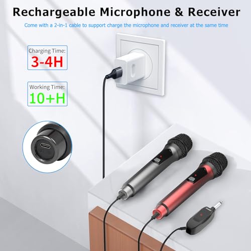 Aveek Wireless Microphone for Karaoke, Rechargeable 10h Battery, Grey&Red | Adjustable Volume, 8 Channels to Choose, Crystal-Clear Audio Quality for Speaker, Karaoke Machine,Church, Speech, Wedding - color: Red