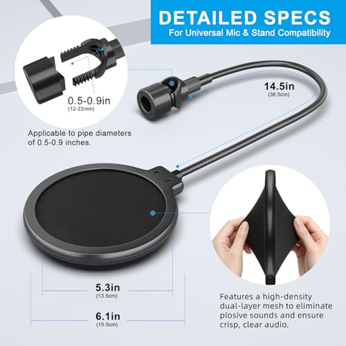 LINCO Microphone Pop Filter Shield with O Clamp for Blue Yeti PF1501 | Dual-layered pop screen, 360° gooseneck, sturdy clamp, fits most mics; ideal for studio & live streaming