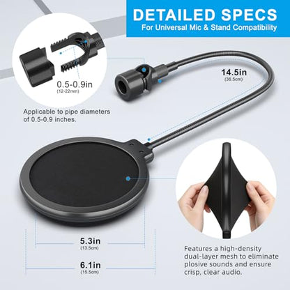 LINCO Microphone Pop Filter Shield with O Clamp for Blue Yeti PF1501 | Dual-layered pop screen, 360° gooseneck, sturdy clamp, fits most mics; ideal for studio & live streaming