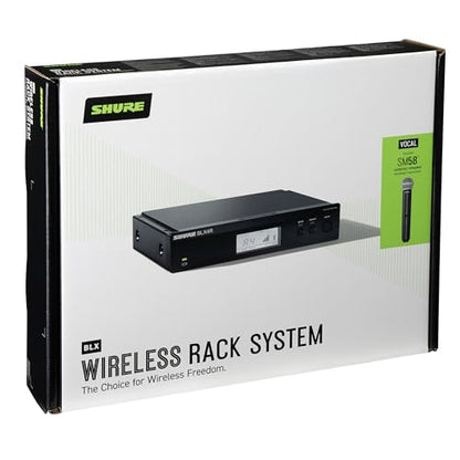 Shure BLX24R/SM58 Rack-Mount Wireless Audio System J11 Band (596–620 MHz) – BLX4R Receiver, BLX2 Transmitter with SM58 Dynamic Mic, Up to 14 Hr Battery, 300 ft Range - style: Full System, Rack Mount
