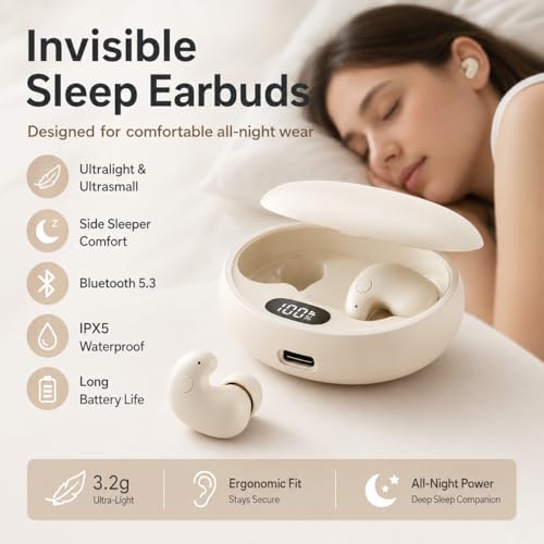 Micool Invisible Sleep Wireless Earphone, Ipx5 Waterproof Earbuds, Lightweight Sleep Headphones Bluetooth 5.3, Painless Sleeping Earphones for Sensitive Sleeper with Long Battery Life (Light Yellow) - color: light yellow