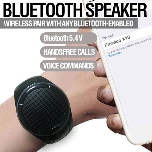 Frewico X10 Wearable Bluetooth Speaker Watch with Open-Ear Safety | Features IP45 waterproof wrist speaker, TF card player, mic, and music RGB lights for cycling, running, or job sites.