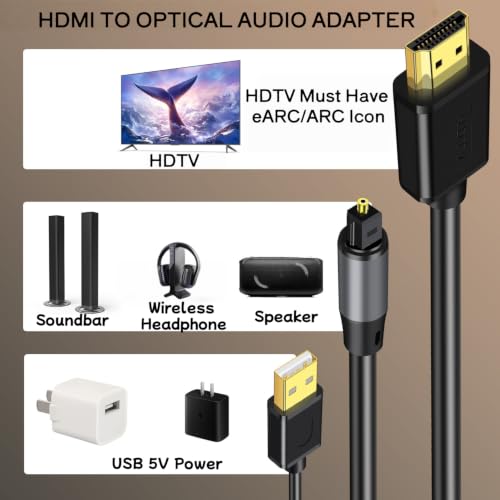 192kHz HDMI eARC to Optical Audio Adapter - 6FT,Not Support CEC - size: 6FT