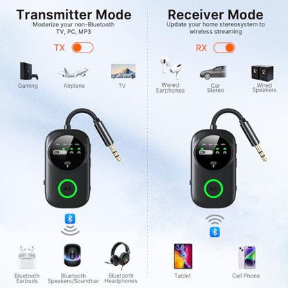 Bluetooth 5.4 Transmitter Receiver for 2 AirPods/Headphones, 2-in-1 Wireless Adapter with Microphone, Audio Adapter with 3.5mm Audio Jack, Suitable for Airplane, Car, TV, PC, Home Stereo - color: Black