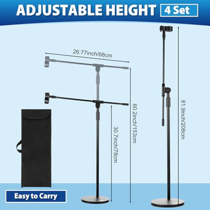Relaxweex 4 Set Microphone Stands, Boom Arm Floor Mic Stand with Weighted Base, Adjustable Max Height 82" Includes 12 Mic Clips, Screw Adapter and Carrying Bags for Singing Stage Wedding Band Church