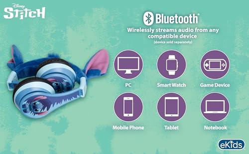 Disney Stitch Bluetooth Headphones for Kids, Wireless Headphones for School | Volume Reduced and Built-in Microphone - color: Stitch