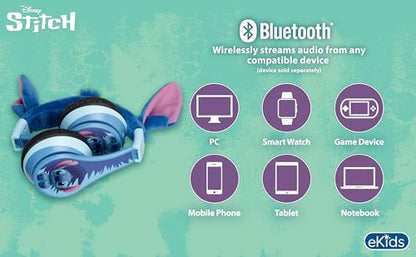 Disney Stitch Bluetooth Headphones for Kids, Wireless Headphones for School | Volume Reduced and Built-in Microphone - color: Stitch