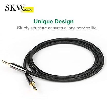 SKW Audiophile 3.5mm Stereo Aux Cable 3.2ft/1m, 1/8" TRS Hi-Fi Sound | Dual-shielded, gold-plated contacts, nylon-braided jacket, sturdy and durable, car & home stereo link, Hi-Fi stereo fidelity - color: Black-straight to straight, size: 3.2ft (1m)