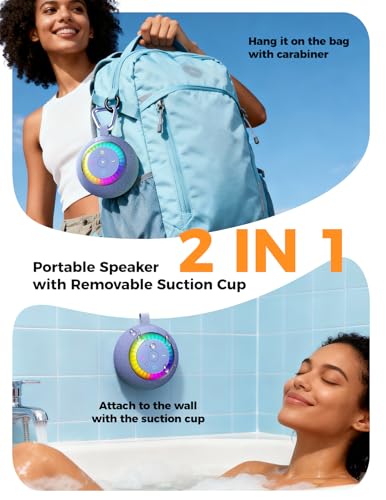 Bluetooth Shower Speaker IPX7 Waterproof: Removable Suction Cup, Blue | 360° Surround Sound, Vacuum-Lock, RGB Light, Portable Wireless Speaker for Beach, Pool, Kayak, Gifts for Adults Teens - color: Blue