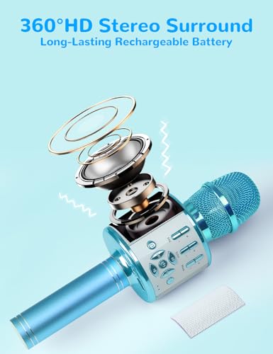 Amazmic Kids Karaoke Microphone Machine Toys for Girls Bluetooth Microphone with LED Light, Christmas Birthday Gift for Girls Boys 3-12+ Years Old (Blue) - color: Blue