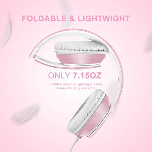 LORELEI X6 Over-Ear Headphones with Microphone, Lightweight Foldable & Portable Stereo Bass Headphones with 1.45M No-Tangle, Wired Headphones for Smartphone Tablet MP3 / 4 (Pearl Pink) - color: Pearl Pink