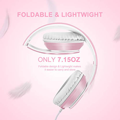 LORELEI X6 Over-Ear Headphones with Microphone, Lightweight Foldable & Portable Stereo Bass Headphones with 1.45M No-Tangle, Wired Headphones for Smartphone Tablet MP3 / 4 (Pearl Pink) | Lightweight, Foldable & Portable, Stereo Bass, 1.45M No-Tangle Wired