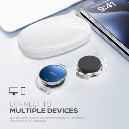 Open Ear Earbuds with 52Hrs Playtime, Ergonomic Ear Hook Design, | Clip on Earphones Dual-Device Bluetooth 5.4 Headset for Running & Work - color: White blue