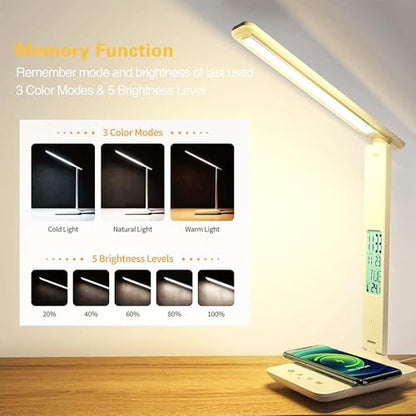 IHAO Multi-Functional Desk Lamp 10W Qi Wireless Charger 3 Color Modes 5 Brightness Levels Eye-Caring LED Light Faux Leather Finish Calendar Temperature Display Office Table Lamp TX26 Black - color: Table Lamp TX26A Black