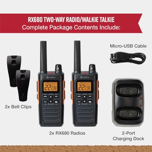 Cobra RX680 Walkie Talkies (2-Pack), IP54 Water Resistant Design | Rugged & Splashproof Two Way Radios Long Range, 60 Pre-Programmed Channels, Weather Alerts - style: RX680