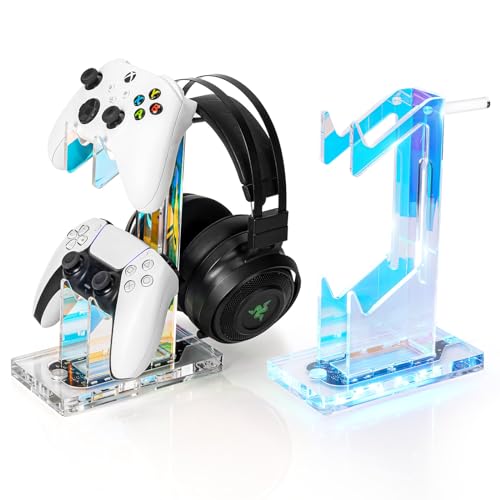 OAPRIRE Headset and Controller Stand with Lights, 2 Tier Acrylic Game Controller Holder, Controller and Headset Stand for Desktop,Universal Design Compatible with PS5/PS4/XBOX/SWITCH (Clear) - color: Clear, size: 2 Tier-Lights