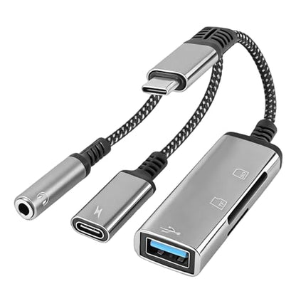 4-in-1 USB C to 3.5mm Headphone Audio Adapter with 60W PD Fast Charging, USB OTG Dongle & TF/SD Card Reader, Hi-Res DAC Splitter Compatible with iPhone15/16, iPadPro, MacBook, Galaxy S23 and most