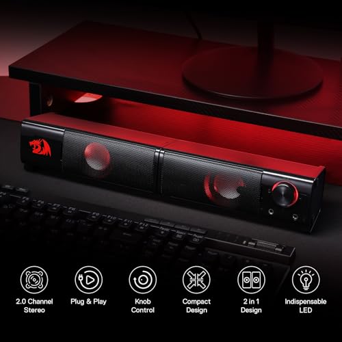 Redragon GS550 PC Gaming Speakers 2.0 Channel Stereo Enhanced Sound, Black | Compact Maneuverable Size, Headphone Jack, Decent Red Backlight, Plug & Play USB Powered Desktop Computer Speaker - color: Black