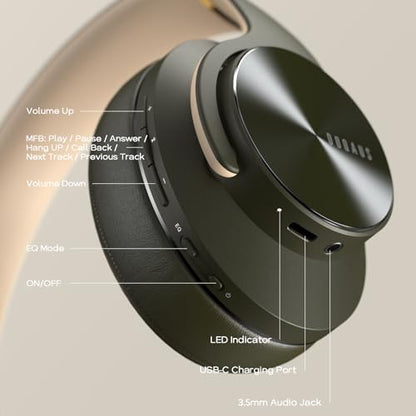 DOQAUS Bluetooth Headphones Over Ear, 90H Playtime, 3EQ Mode, with ENC Mic | Hifi Stereo Sound, Lightweight, Headphones Wireless with Soft Memory Foam Earpads, Deep Bass for Home Office Cellphone PC - color: Green
