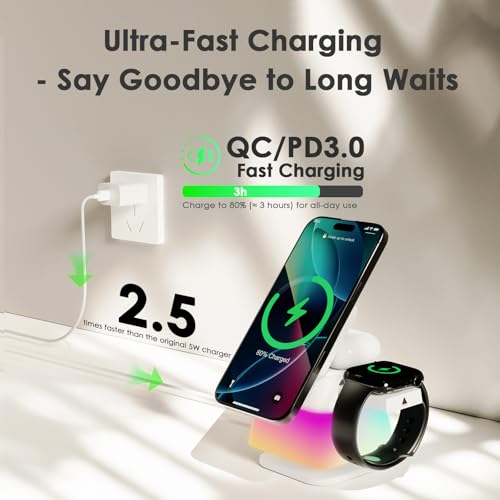 Minthouz 3 in 1 Charging Station for iPhone, Wireless Charger for Apple, MagSafe Charger with Night Light, 360° Rotation, Compatible with iPhone 16, 15, 14, 13, 12 Pro, Apple Watch & AirPods Pro 4/3/2
