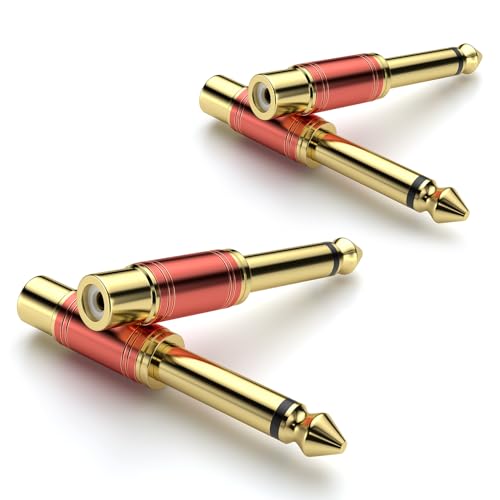 RCA to 1/4 Inch Adapter 4-Pack | 6.35mm TS Male to RCA Female Audio Connector, 24K Gold Plated, Red - color: Red - 4 Pack