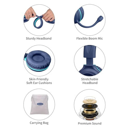 SIMOLIO Wired Headphones for School with Microphone, Stereo Kids Headphone with Flexible Swivel Boom Mic for Student K12 & Teacher & E-Learning, 3 Levels Volume Limiter Gaming Headsets for Boys, Girls - color: Blue