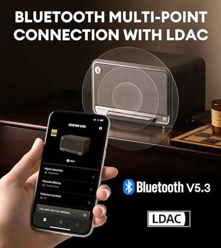 Edifier D32 Retro Wooden Tabletop Wireless Speaker AirPlay2, Black Walnut | 60W RMS, Dual Hi-Res, Bluetooth5.3, Hi-Res Audio, ALAC, LDAC, 11H Battery, DSP Crossover, MDF Retro Cabinet, USB-C, AUX Input - color: Black Walnut