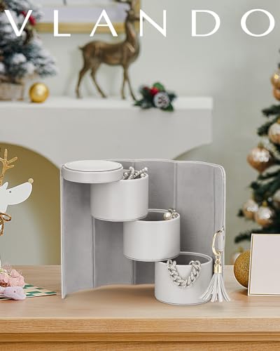 VLANDO Travel Jewelry Organizer, 3 Tier Roll Up Design, Hard Shell Storage | Stepped Sections Compartments Keep Jewelry Visible, Soft Lining Protect Pieces, Snap Closure, Travel Gift for Women Girl - color: C.Grey