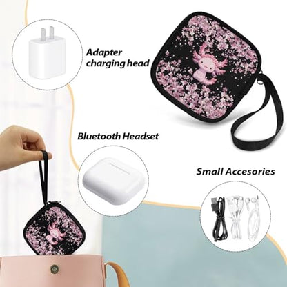 Axolotl Cherry Blossom Headphone Case Square Earbud Organizer Portable Bluetooth Headset Case with Handle for Girls Boys Men Women - color: Axolotl Cherry Blossom