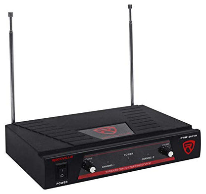 Rockville RWM1201VH VHF Wireless Handheld Microphone Mic System | Includes 2 Mics with Receiver, 1/4" Output, 200ft Indoor Range, Dual Filter, Auto Sync
