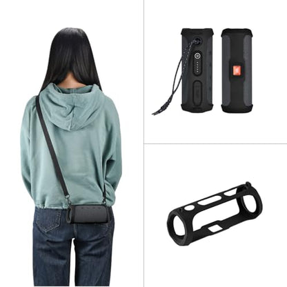 Silicone Protective Cover Frame Case Skin for JBL FLIP Essential 2 Bluetooth Speaker Shell Sleeve Hand Bag Shoulder Case Box Accessories - color: Black