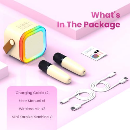 Mini Karaoke Machine, Portable Bluetooth Speaker & 2 Wireless Microphones | Karaoke Player Karaoke Microphone For Family Home Party Outdoor With HI-FI Sound | 5 Magic Sound | PA System | USB | TF | AUX - color: Light Beige