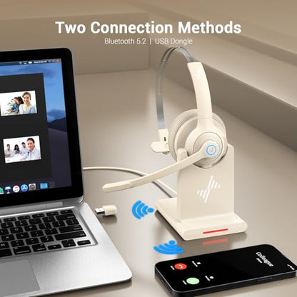 Bluetooth Wireless Headset with Mic for Work, Bluetooth 5.2, Advanced Noise Reduction Microphone, Clear Calls - Comfortable On-Ear Headphones, Applicable to PC, Laptop, Phone, Android, Zoom, Office - color: Apricot