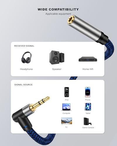 3FT 3.5mm Audio Extension Cable, 90-Degree Right Angle Aux Extender Cord (Male to Female), Nylon Braided TRS Stereo Audio Jack Adapter for Car, PC, Speakers, Headphones (No Mic Support) - size: 3FT