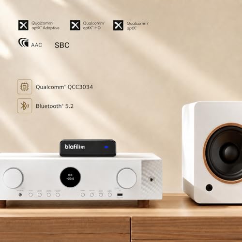 R1 Bluetooth Receiver for Home Stereo with RCA Line Out & USB Input | No-beep pairing, aptX Adaptive HD, for amplifiers and powered speakers, always-on USB power, music streaming only, no mic