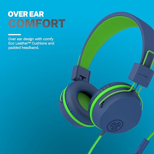 JLab JBuddies Studio Kids on-Ear Wired Headphones with mic, Volume Limiter, Folding, Adjustable, Noise Isolation, Blue/Green (Pack of 2) - color: Blue/Green, size: Headphones (Pack of 2)