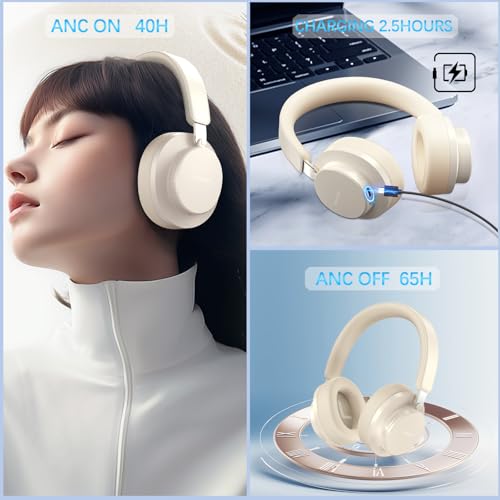 Noise Cancelling Headphones Wireless Bluetooth, Over Ear Headphones Bluetooth with Microphone, Cancelling Wireless Headphone Over Ear, 65h Playtime, Clear Calls, Comfort Fit For Travel (Beige) - color: Beige
