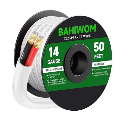 White Speaker Wire 14 Gauge 50FT CL2 Rated CCA Speaker Cable | Flexible PVC Jacket 2 Conductors Red & Black Polarity Mark for Home Theater,Indoor,In-Wall,In-Ceiling & Marine - size: 50 FT, style: 14GAUGE